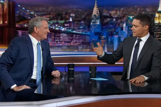 Bill de Blasio chats with Trevor Noah during his Wednesday night appearance on The Daily Show.
